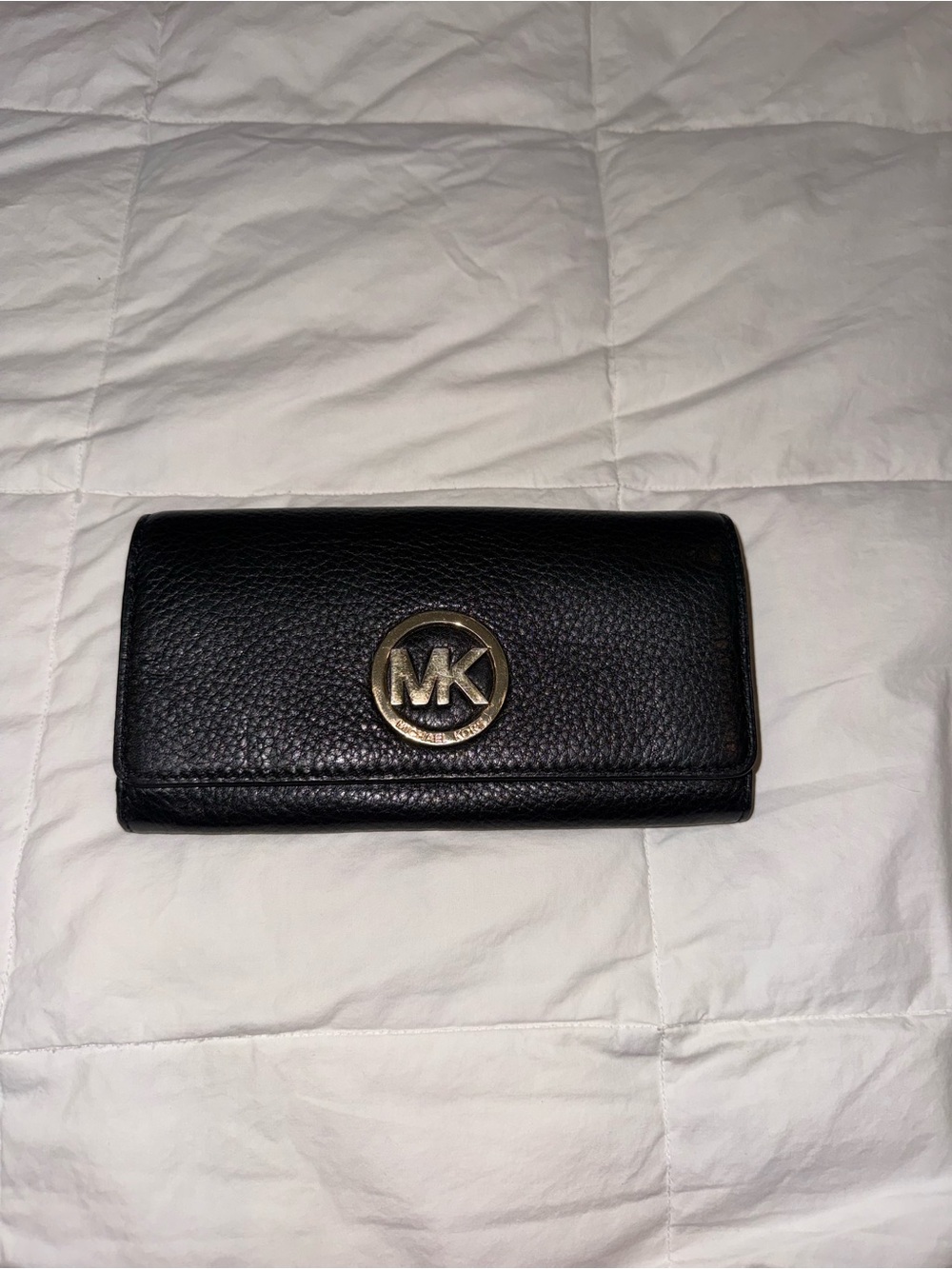 Michael Kors Black Pebbled Leather Continental Wallet with Gold MK Emblem